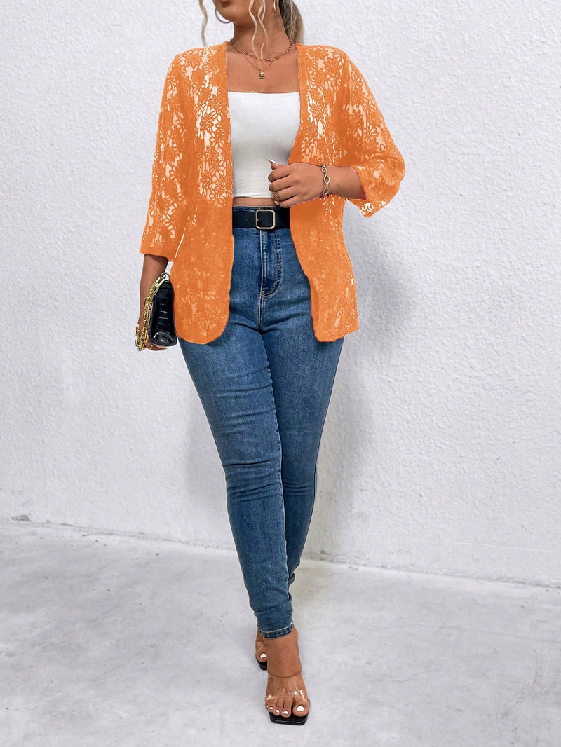 Casaco Feminino de Renda Floral Aberto na Frente - Jazmin. Plus Size