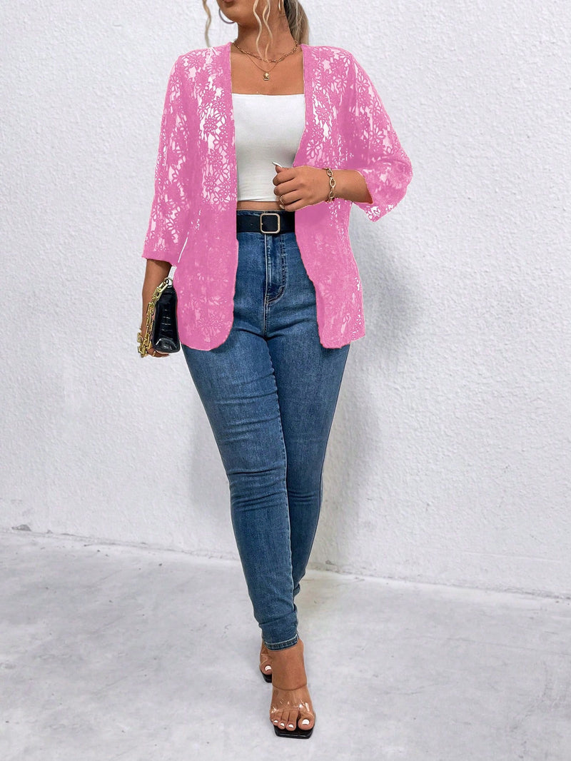 Casaco Feminino de Renda Floral Aberto na Frente - Jazmin. Plus Size