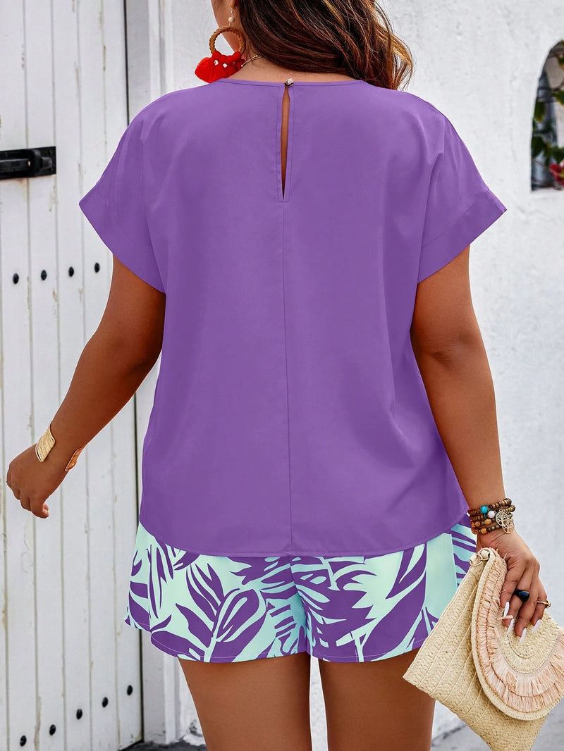 Conjunto Feminino Camisa Gola Redonda E Short Casual Debora Plus Size