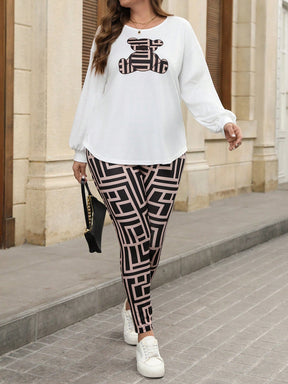 Conjunto Feminino Camiseta Listrada e Legging - Mirna Plus Size