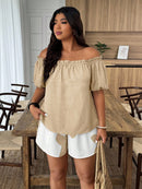 Conjunto Feminino de 2 Peças Blusa com Babado Ombro à Mostra e Short - Marise. Plus Size