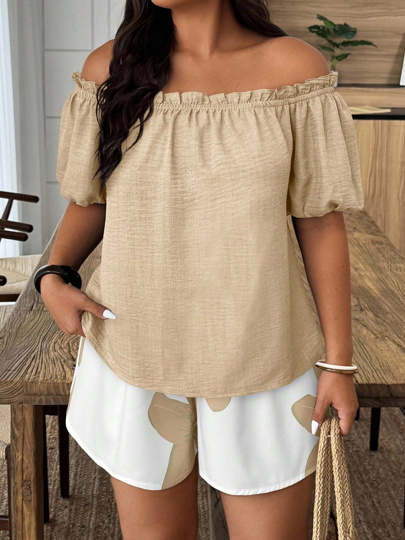 Conjunto Feminino de 2 Peças Blusa com Babado Ombro à Mostra e Short - Marise. Plus Size