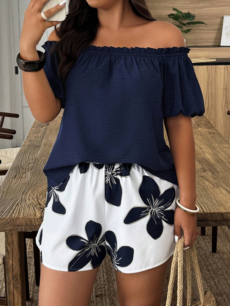 Conjunto Feminino de 2 Peças Blusa com Babado Ombro à Mostra e Short - Marise. Plus Size