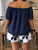 Conjunto Feminino de 2 Peças Blusa com Babado Ombro à Mostra e Short - Marise. Plus Size