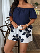 Conjunto Feminino de 2 Peças Blusa com Babado Ombro à Mostra e Short - Marise. Plus Size