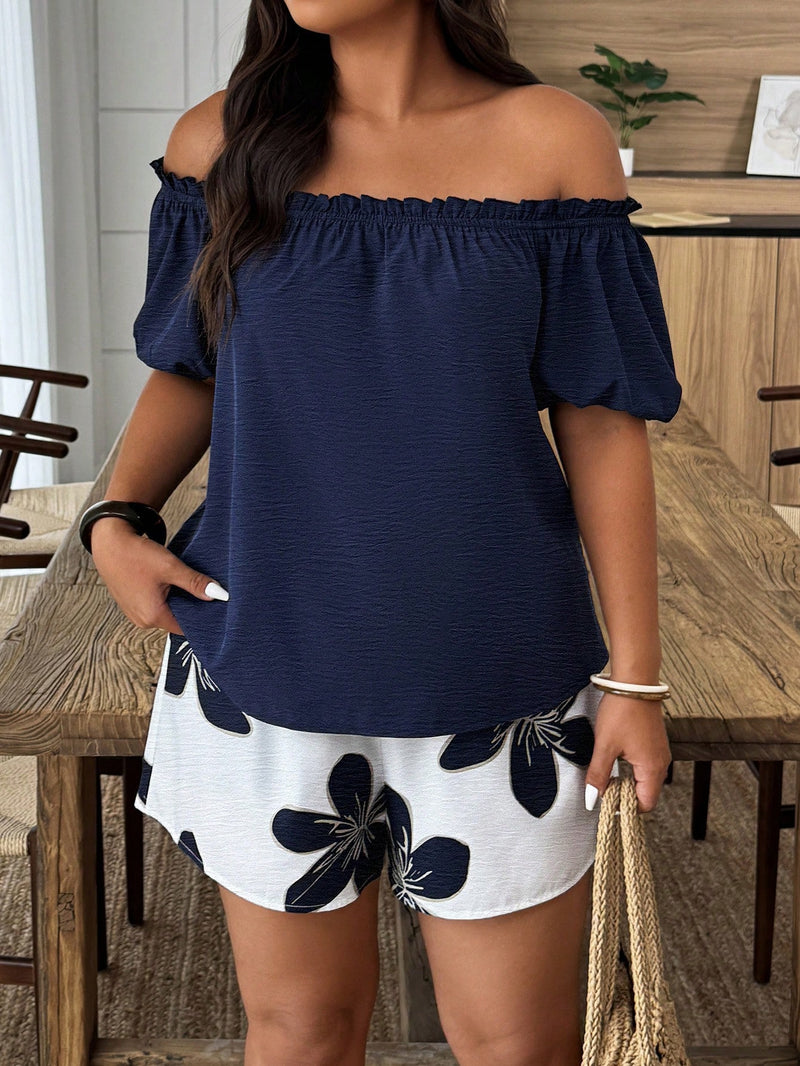 Conjunto Feminino de 2 Peças Blusa com Babado Ombro à Mostra e Short - Marise. Plus Size