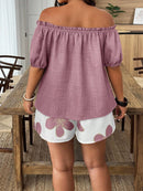 Conjunto Feminino de 2 Peças Blusa com Babado Ombro à Mostra e Short - Marise. Plus Size