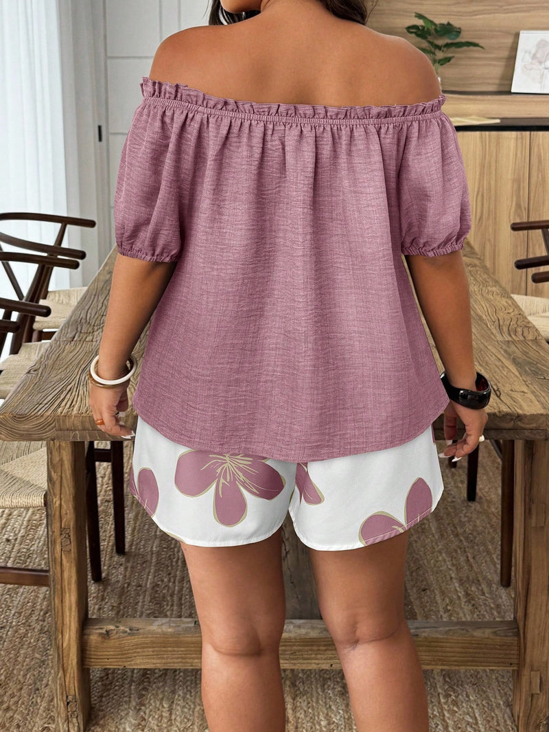 Conjunto Feminino de 2 Peças Blusa com Babado Ombro à Mostra e Short - Marise. Plus Size