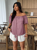 Conjunto Feminino de 2 Peças Blusa com Babado Ombro à Mostra e Short - Marise. Plus Size