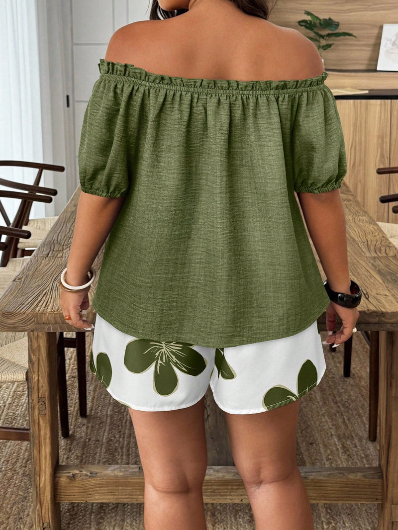 Conjunto Feminino de 2 Peças Blusa com Babado Ombro à Mostra e Short - Marise. Plus Size