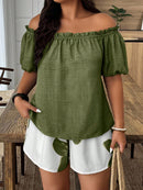 Conjunto Feminino de 2 Peças Blusa com Babado Ombro à Mostra e Short - Marise. Plus Size