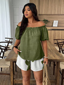 Conjunto Feminino de 2 Peças Blusa com Babado Ombro à Mostra e Short - Marise. Plus Size