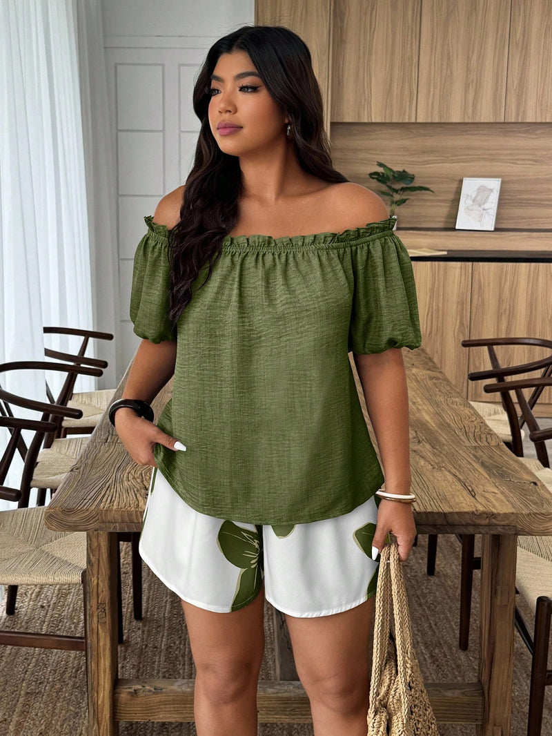 Conjunto Feminino de 2 Peças Blusa com Babado Ombro à Mostra e Short - Marise. Plus Size