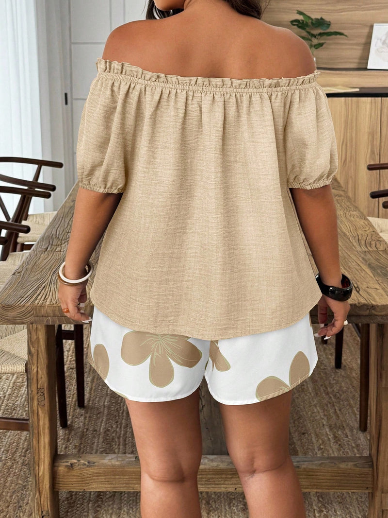 Conjunto Feminino de 2 Peças Blusa com Babado Ombro à Mostra e Short - Marise. Plus Size