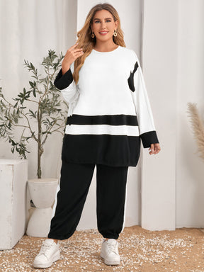 Conjunto Feminino solto Estampa Bloco de cores e Gola Redonda Maira. Plus Size