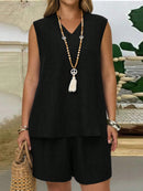 Conjunto Feminino com Regata Gola Entalhe e Bolsos - Laura. Plus Size