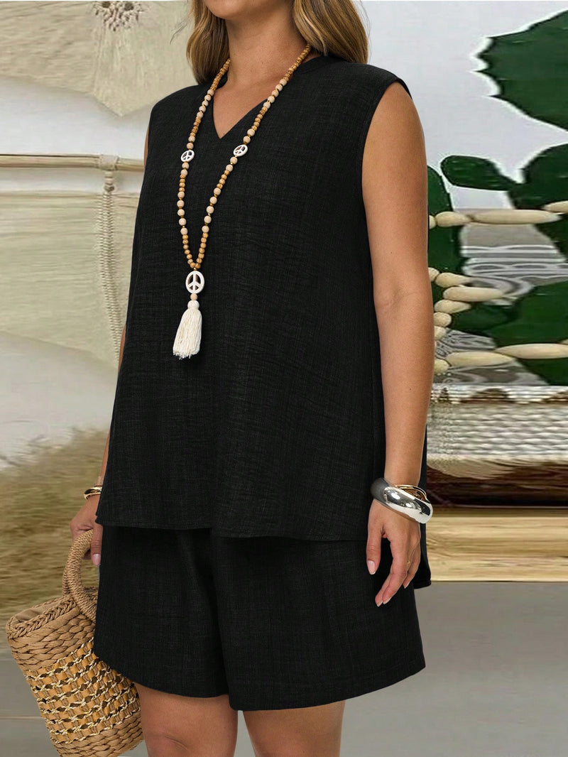 Conjunto Feminino com Regata Gola Entalhe e Bolsos - Laura. Plus Size
