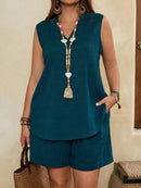 Conjunto Feminino com Regata Gola Entalhe e Bolsos - Laura. Plus Size