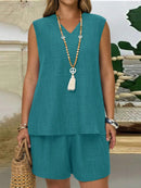 Conjunto Feminino com Regata Gola Entalhe e Bolsos - Laura. Plus Size