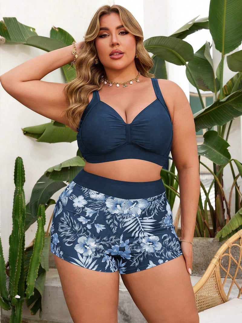 Conjunto de Tankini Femenino de 2 peças com Decote em V e Franzido - Mavie. Plus Size