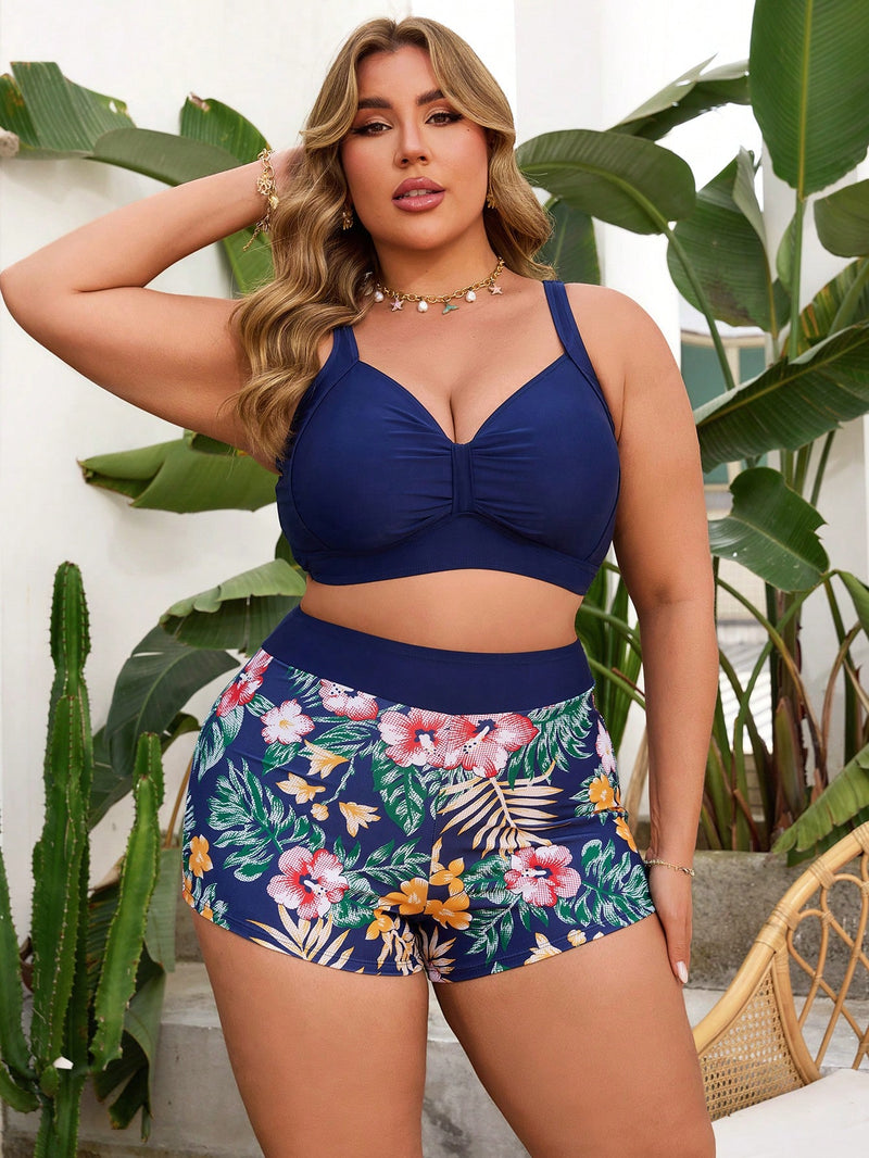 Conjunto de Tankini Femenino de 2 peças com Decote em V e Franzido - Mavie. Plus Size