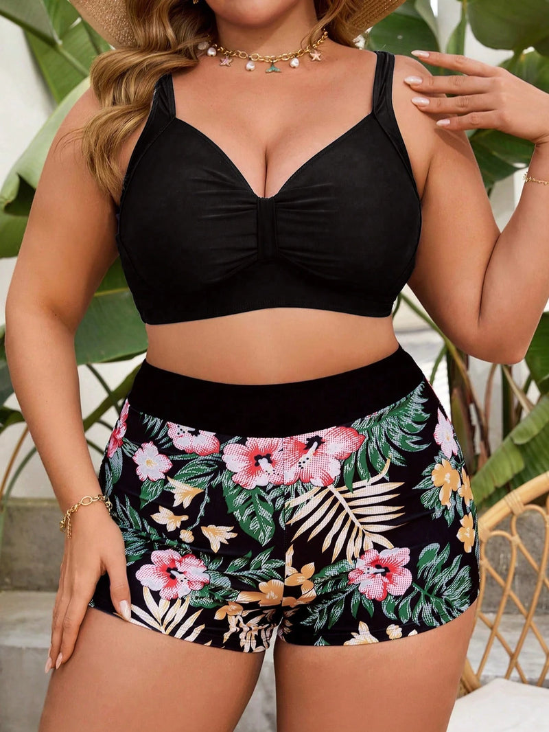 Conjunto de Tankini Femenino de 2 peças com Decote em V e Franzido - Mavie. Plus Size