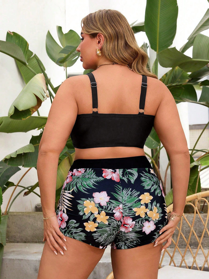 Conjunto de Tankini Femenino de 2 peças com Decote em V e Franzido - Mavie. Plus Size