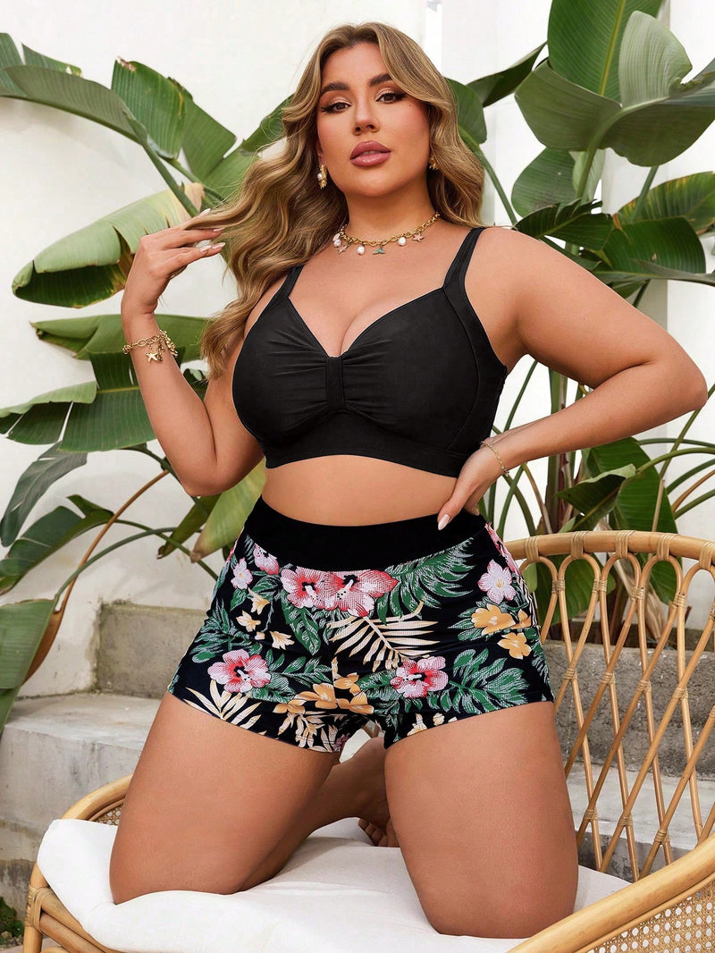 Conjunto de Tankini Femenino de 2 peças com Decote em V e Franzido - Mavie. Plus Size