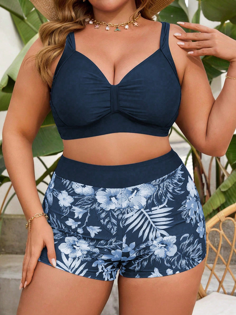 Conjunto de Tankini Femenino de 2 peças com Decote em V e Franzido - Mavie. Plus Size