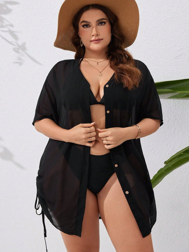 Saída de praia tipo camisa com ajuste lateral Britany. Plus Size 