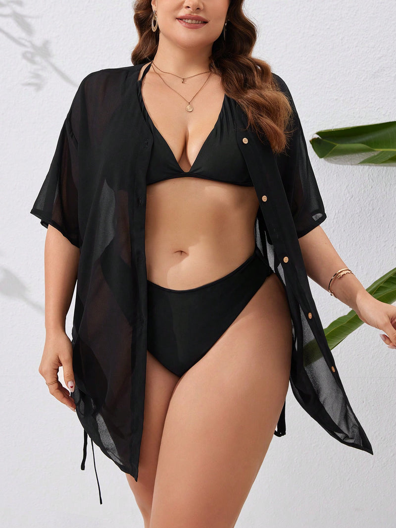 Saída de praia feminina tipo camisa com ajuste lateral Britany. Plus Size 