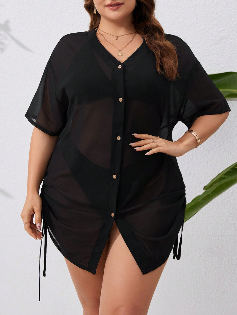 Saída de praia feminina tipo camisa com ajuste lateral Britany. Plus Size 