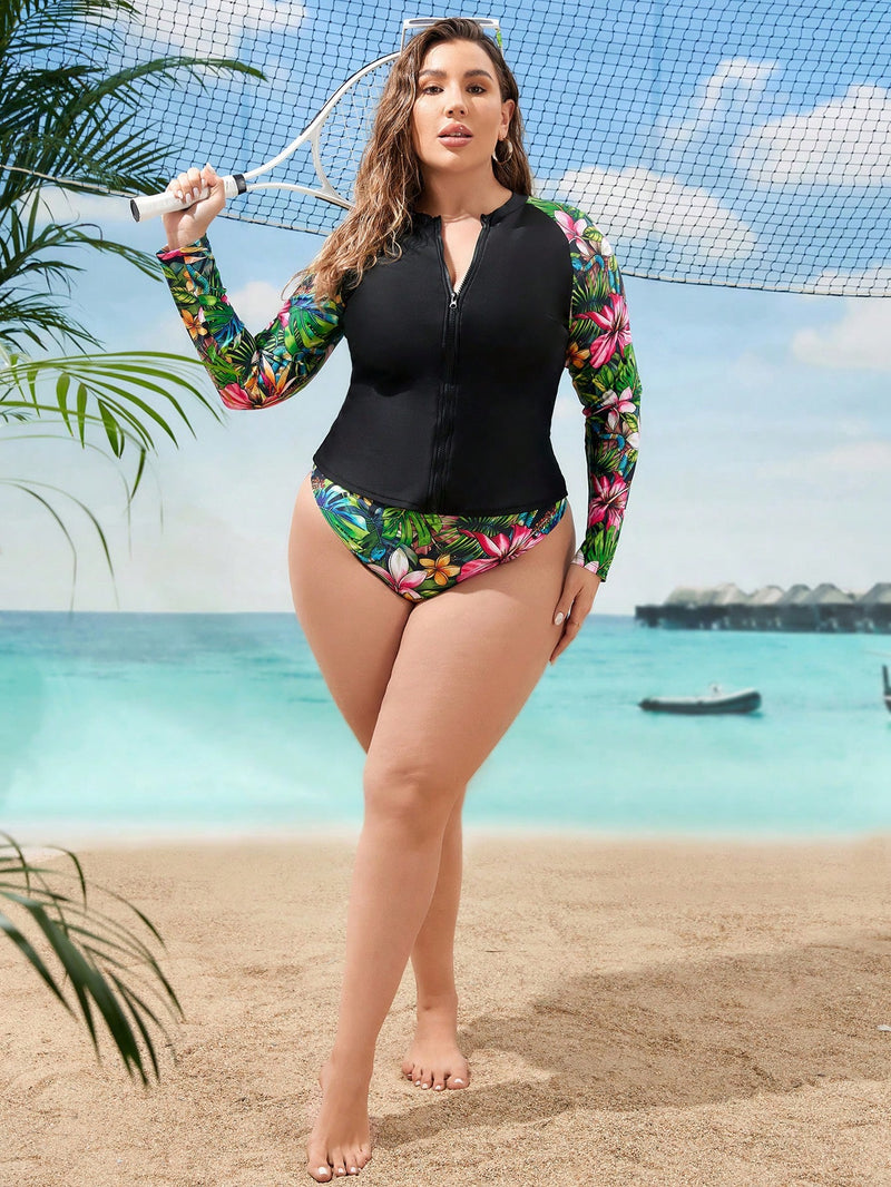 Conjunto de praia feminino cintura alta e blusa manga longa Oda. Plus Size