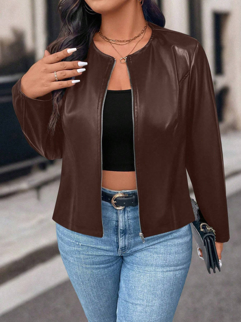 SHEIN LUNE Jaqueta Casual de Manga Longa com Zíper na Frente, Cor Sólida, Plus Size