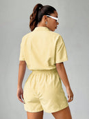 Macaquinho feminino com elastico na cintura e estampa listrada Lucia