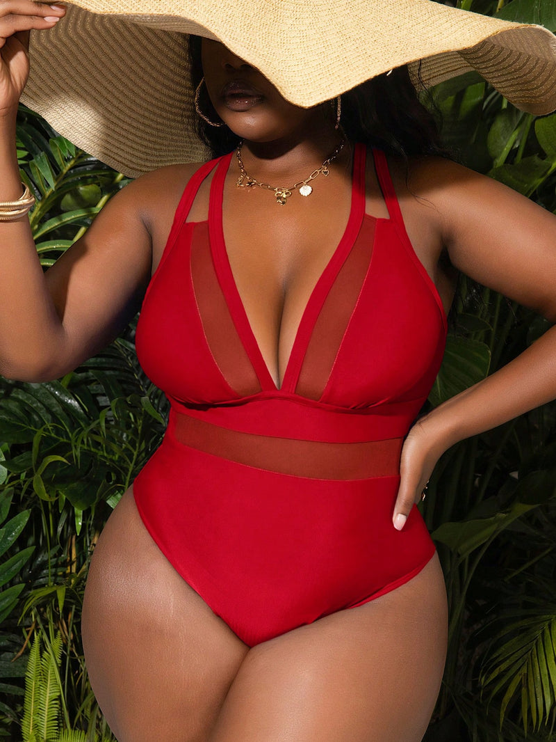 Maiô Feminino com Decote em V Profundo, Painel de Tela - Estela. Plus Size
