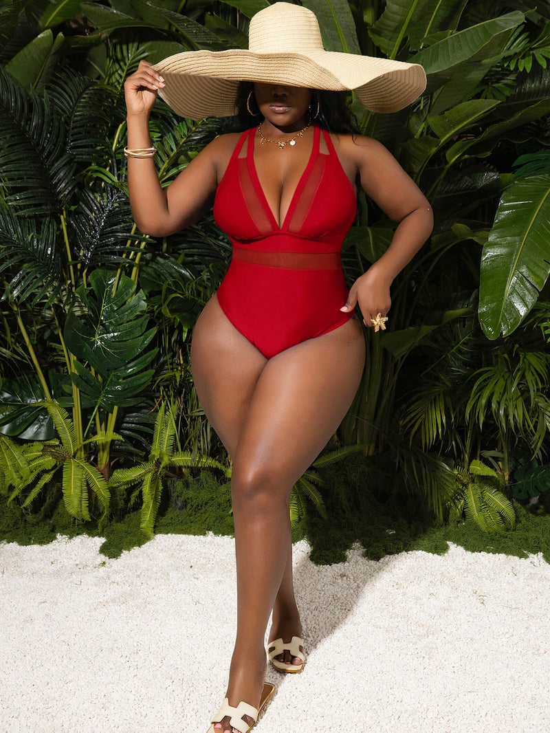 Maiô Feminino com Decote em V Profundo, Painel de Tela - Estela. Plus Size