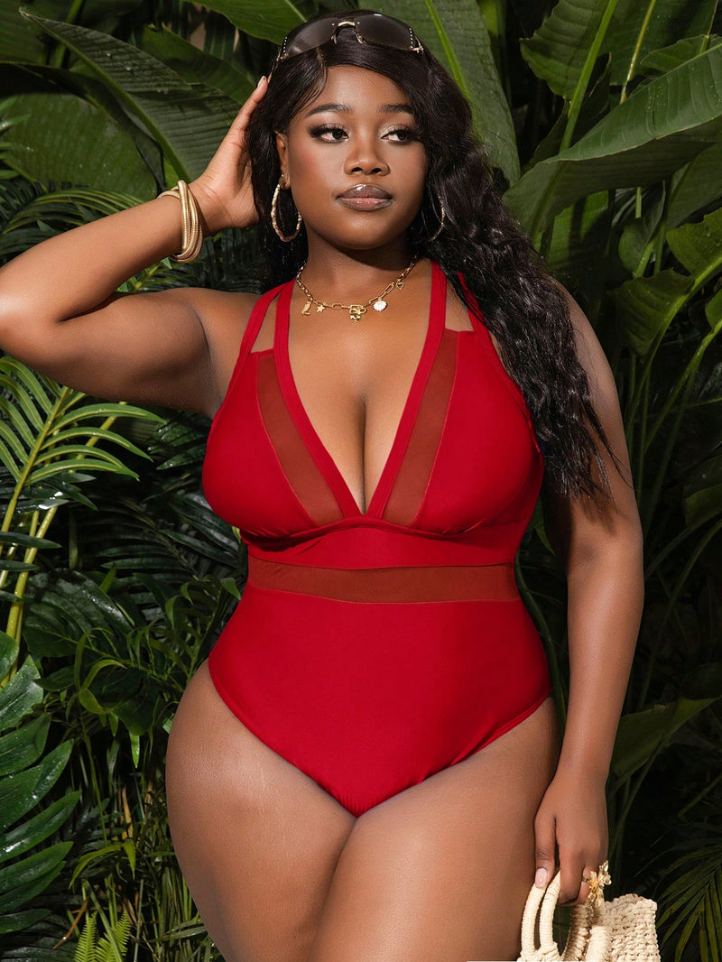 Maiô Feminino com Decote em V Profundo, Painel de Tela - Estela. Plus Size