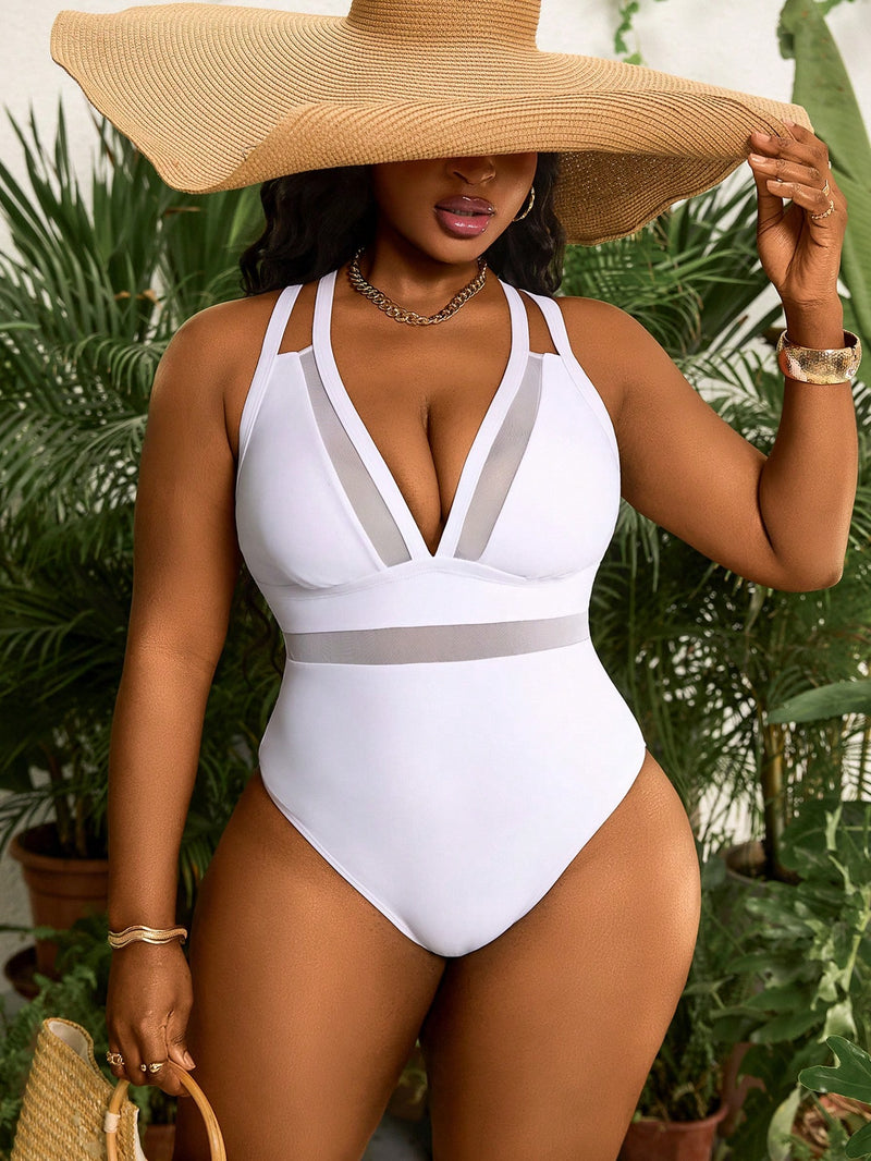 Maiô Feminino com Decote em V Profundo, Painel de Tela - Estela. Plus Size