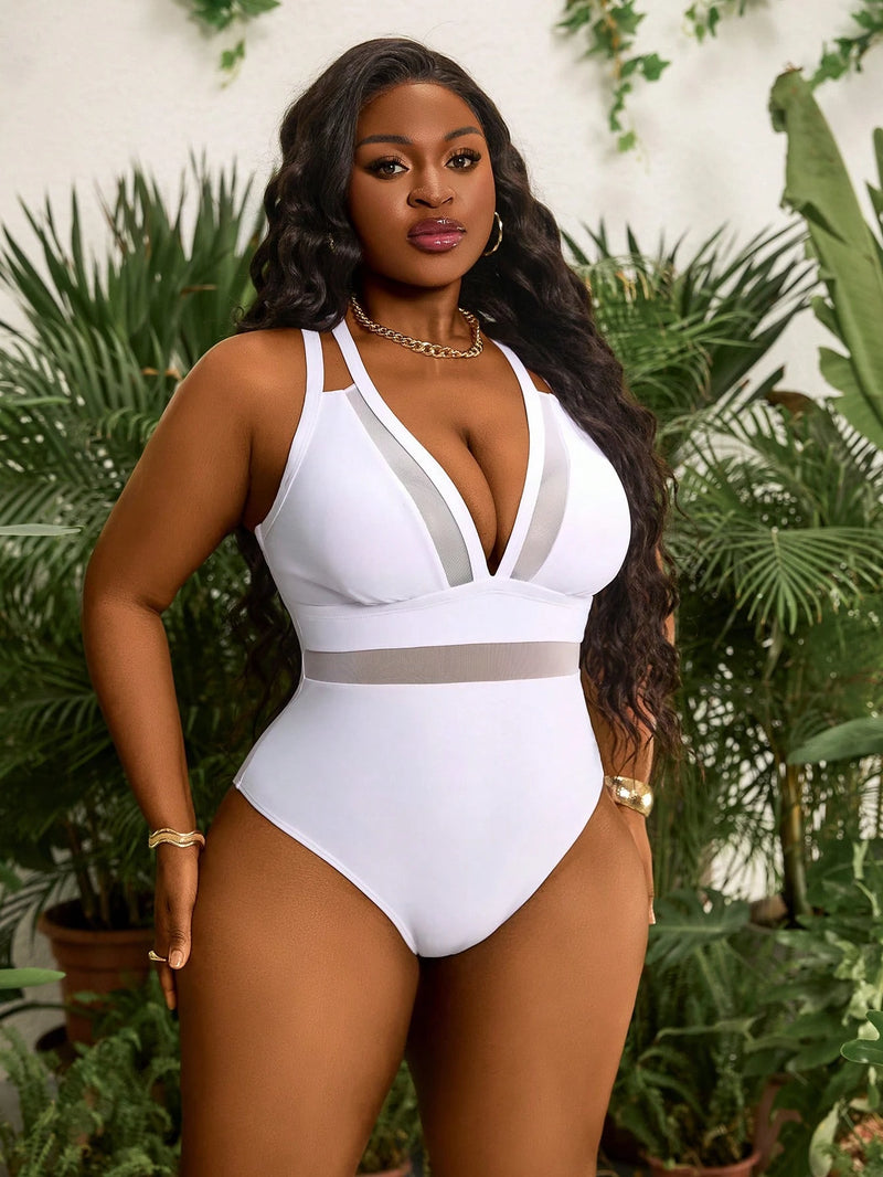 Maiô Feminino com Decote em V Profundo, Painel de Tela - Estela. Plus Size