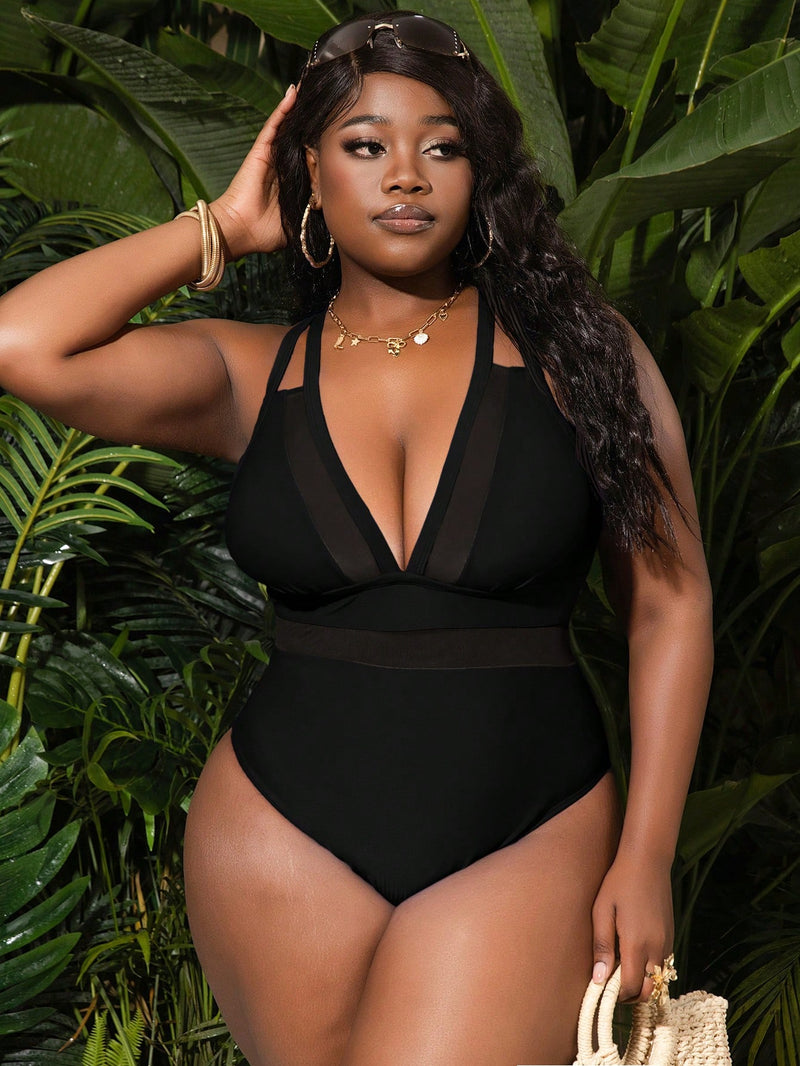 Maiô Feminino com Decote em V Profundo, Painel de Tela - Estela. Plus Size