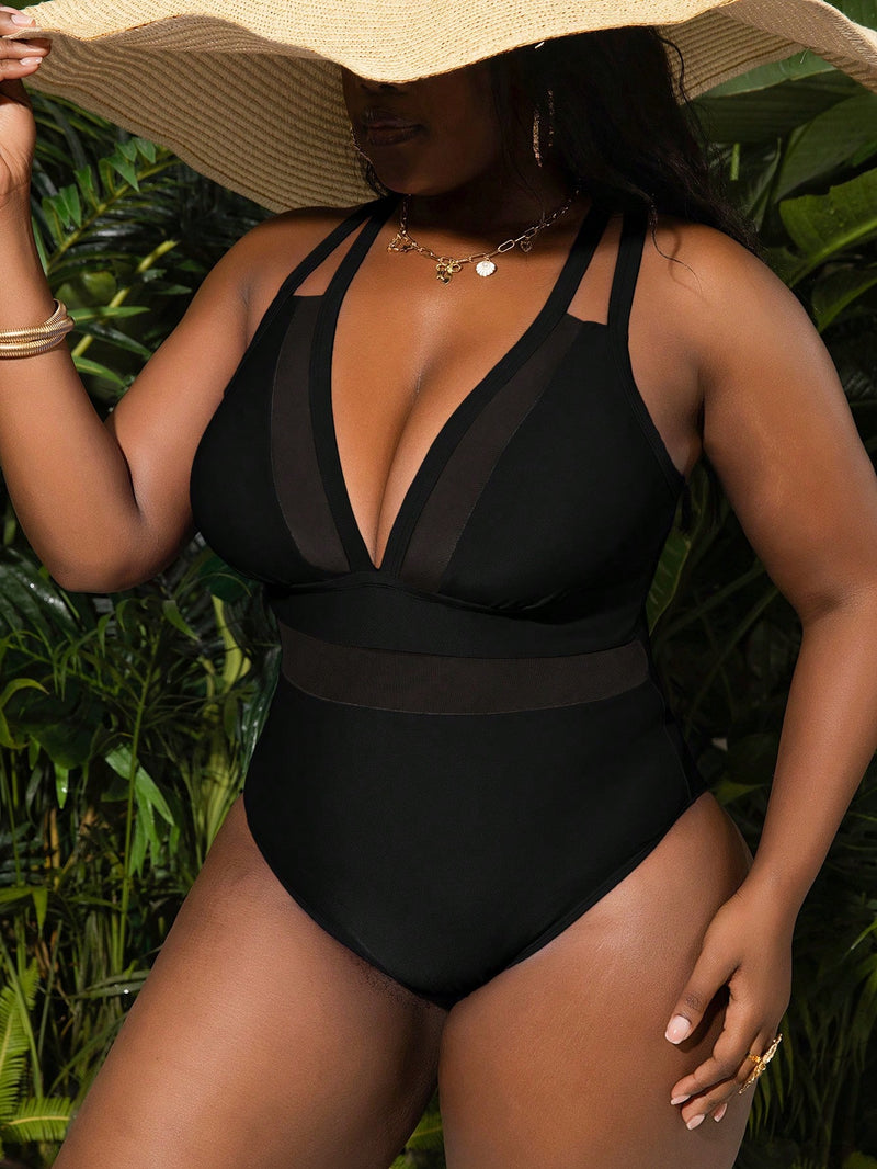 Maiô Feminino com Decote em V Profundo, Painel de Tela - Estela. Plus Size
