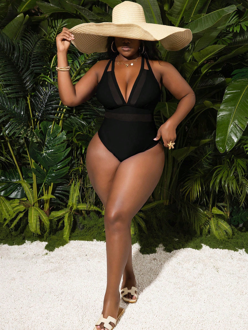 Maiô Feminino com Decote em V Profundo, Painel de Tela - Estela. Plus Size