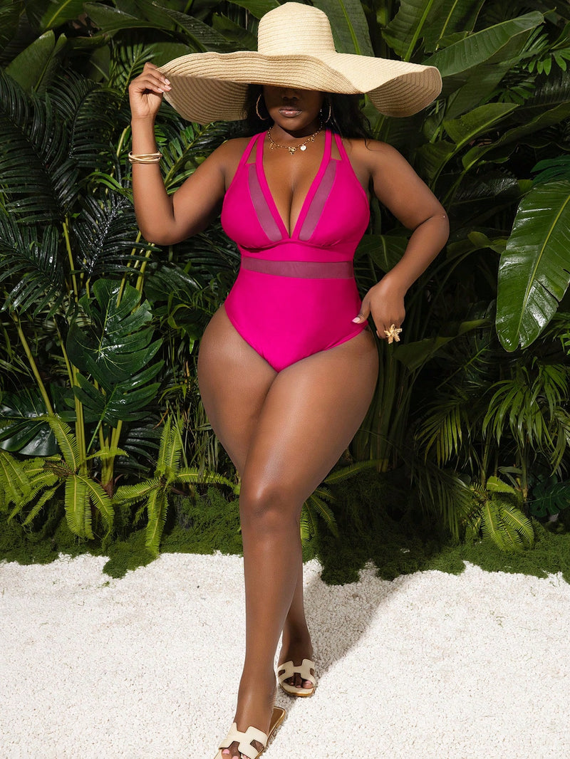 Maiô Feminino com Decote em V Profundo, Painel de Tela - Estela. Plus Size