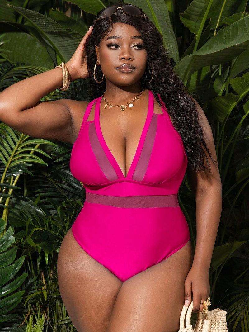 Maiô Feminino com Decote em V Profundo, Painel de Tela - Estela. Plus Size