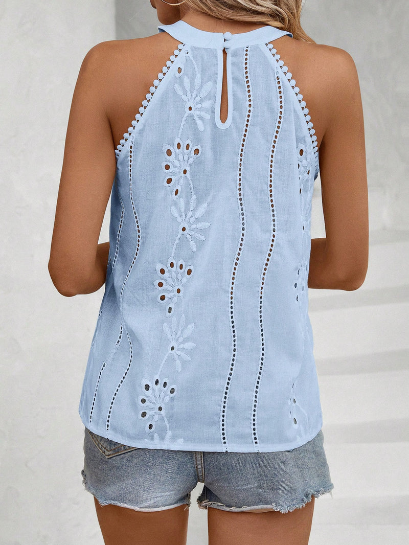 Blusa Feminina Sem Manga com Detalhes Bordados e Vazados - Patrícia