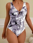 Maiô Feminino com Laço no Busto Estampado de Mármore - Jhuly