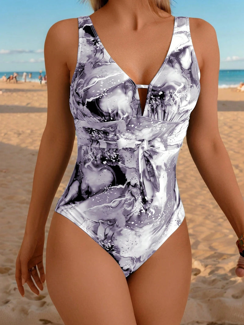 Maiô Feminino com Laço no Busto Estampado de Mármore - Jhuly