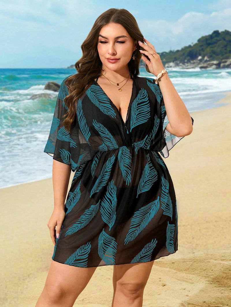 Saída Feminina com Manga Morcego e Estampa de Folhas - Sula. Plus Size