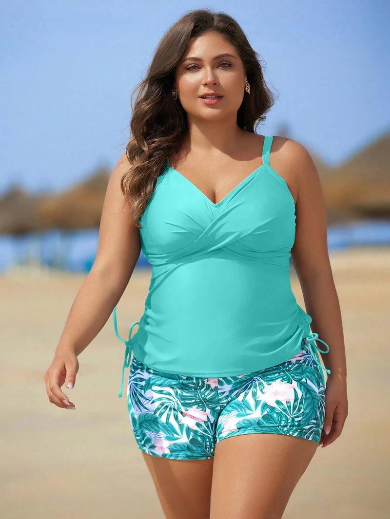 Tankini Feminino de 2 Peças com Alças Finas e Short - Melinda. Plus Size